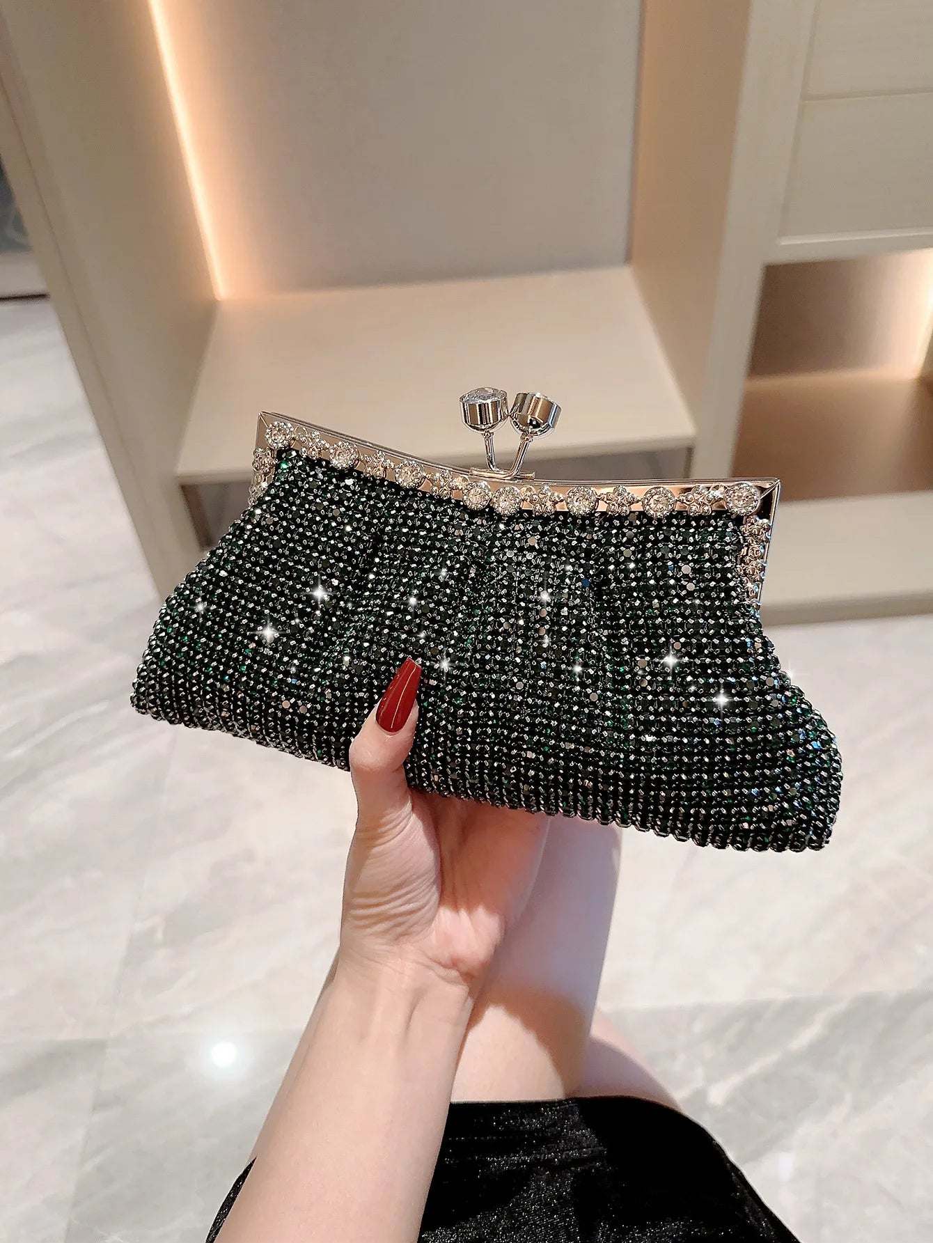 Rhinestone Evening Clutch Bag - dark green black POLITICSLADY