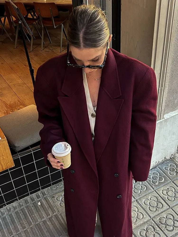 Oversized Double-Breasted Wool Overcoat - Burgundy color / M POLITICSLADY