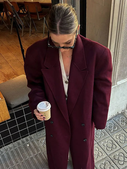 Oversized Double-Breasted Wool Overcoat - Burgundy color / M POLITICSLADY