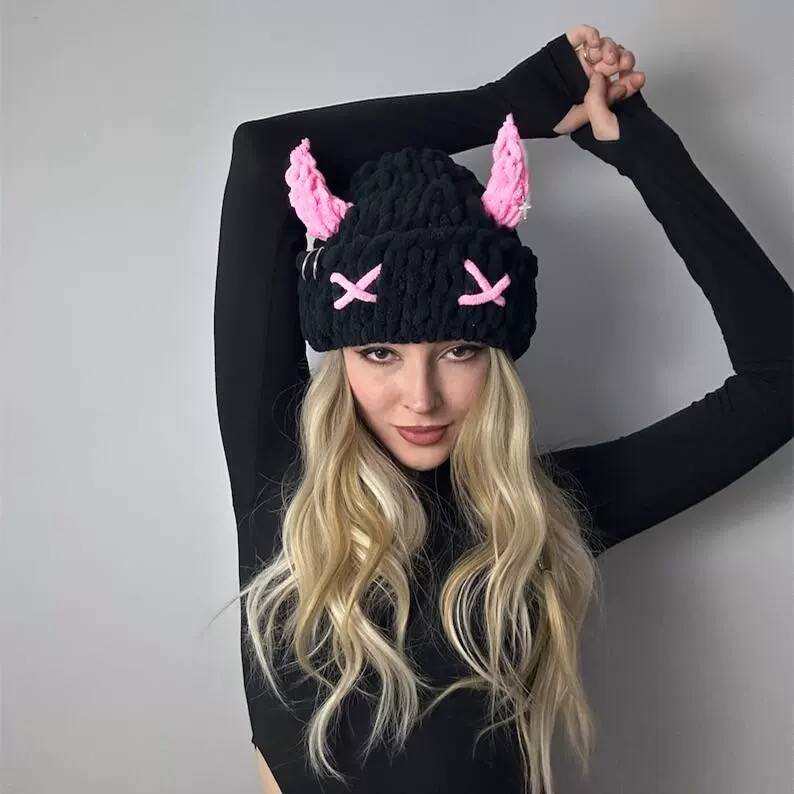 Wool Hat Cute Devil Mask Horn