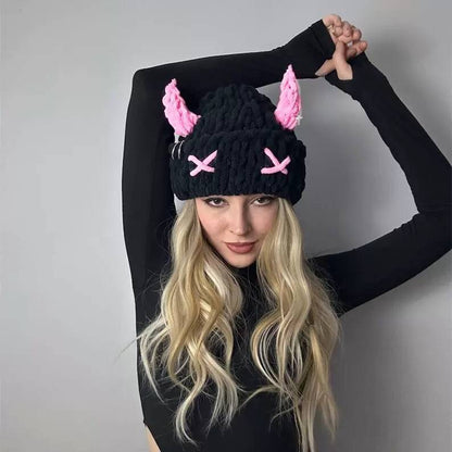 Wool Hat Cute Devil Mask Horn